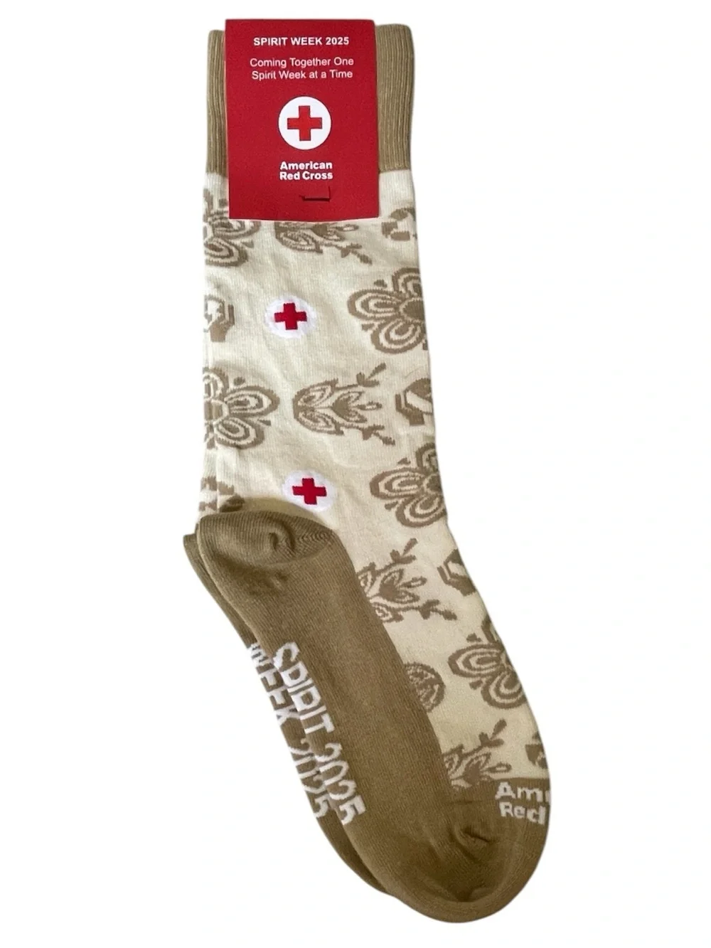 American Red Cross Spirit Week 2025 Crew Socks Floral Tan Cream Medium NWT